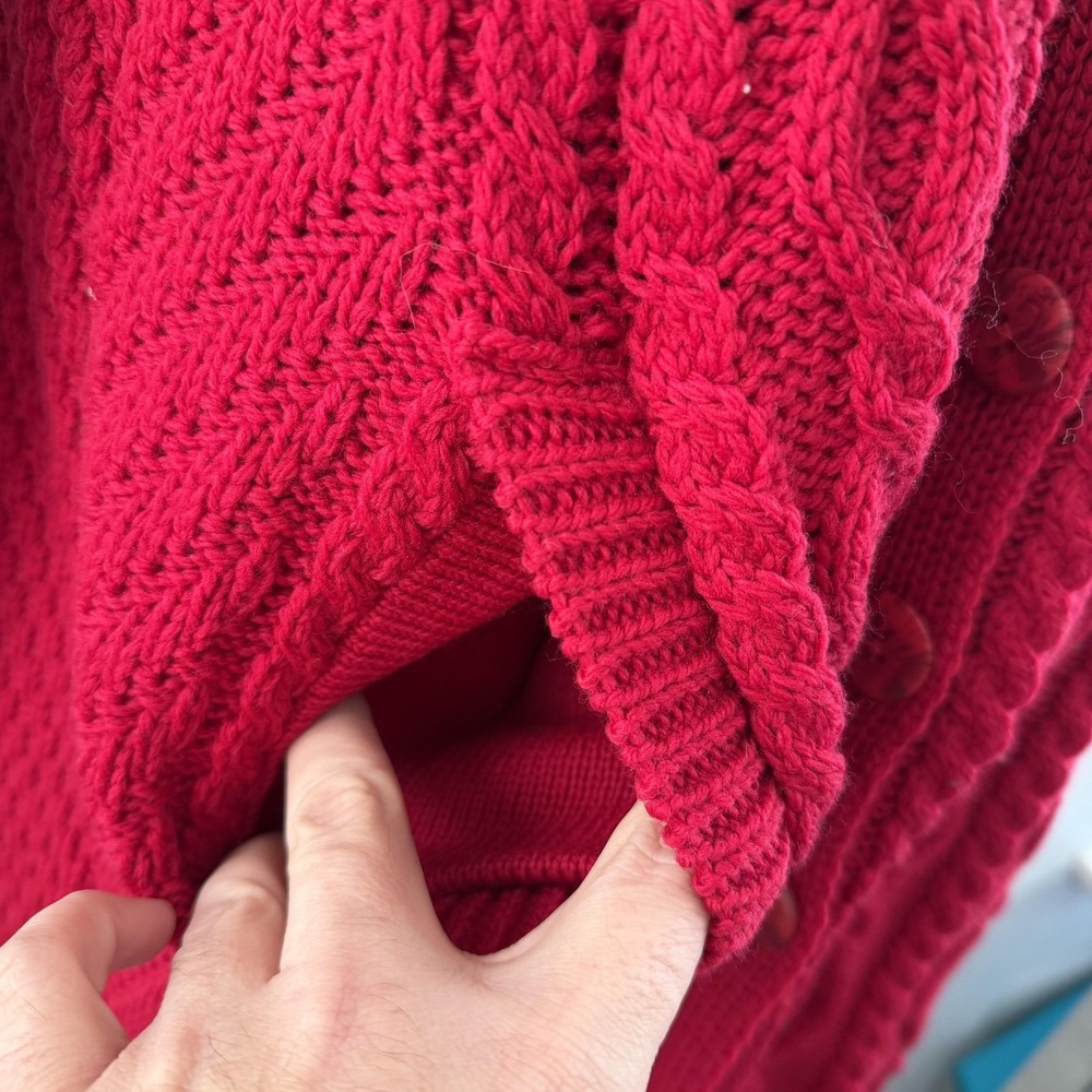 Aran Crafts Long Cardigan Sweater Womens L Red Wool Cable Knit Ireland Fisherman - Picture 11 of 16